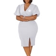 thumbnail image 1 of AURA Womens V Neck Pencil Midi Dress Lantern Short Sleeve High Waist Slit Elegant Work Office Summer Dress with Brooch, 1 of 4