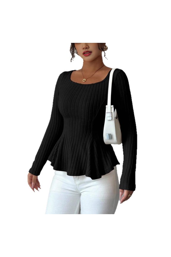 Womens Y2K Ribbed Knit Long Sleeve Crop Top Back Cut Out Slim Fit Casual Layering Shirt