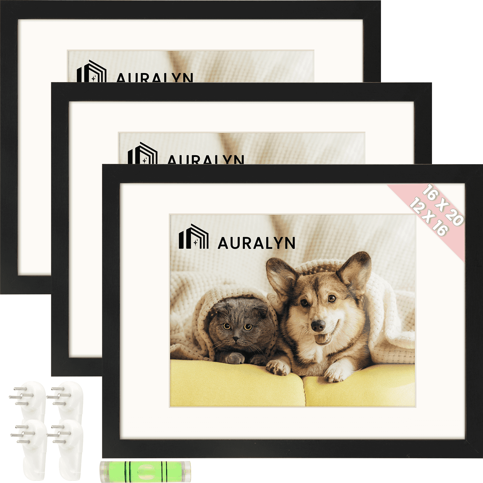 AURALYN 16x20 Picture Frames Set of 3, Fits 12x16 with Mat – Safe for Fingers, Includes Hanging Kit – Gallery Wall Frames, Black