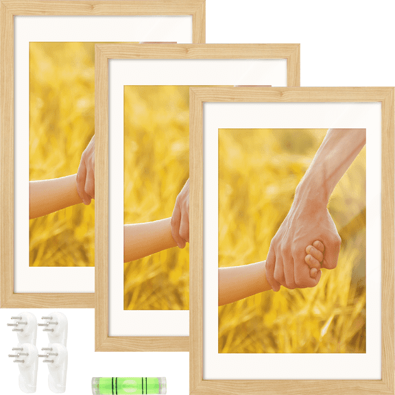 Auralyn Home 16x24 Picture Frames Set of 3, Fits 12x18 with Mat or 16x24 Without Mat, Includes Hanging Kit, Wood Grain
