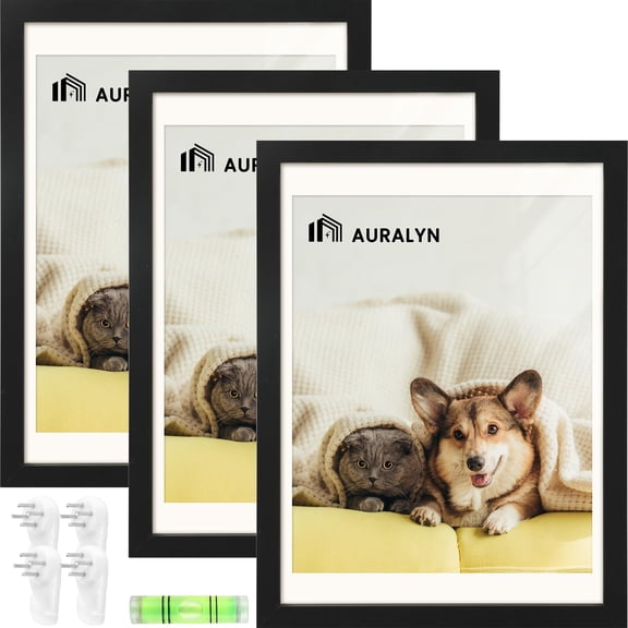 AURALYN 18x24 Picture Frame Set of 3, Fits 16x20 with Mat or 18x24 Without Mat, Gallery Wall Frames, Easy to Hang, Includes Hanging Kit, Black