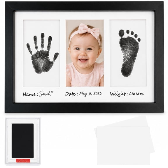 AURALYN Baby Handprint and Footprint Frame, 4x6 Solid Wood Keepsake Picture Frame with Real Glass Front, Ink Pad Kit, Pet Paw Print Frame, Black