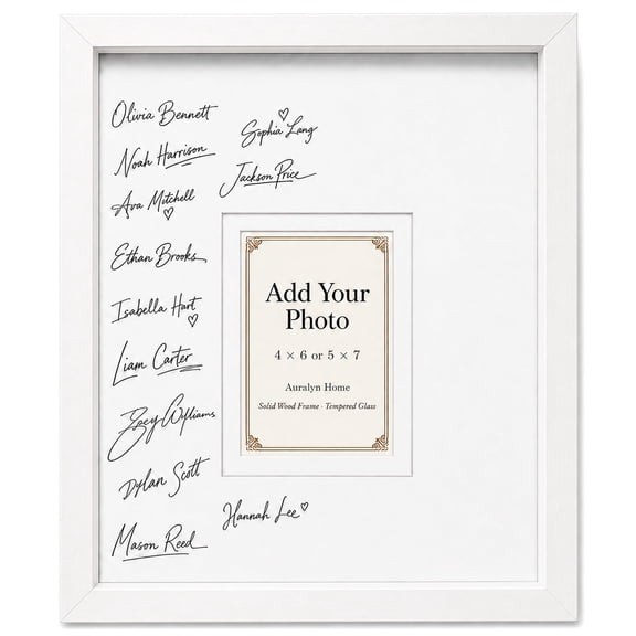 AURALYN Solid Wood Signature Frame with Real Glass, 11x14 Wedding Guest Book Alternative with Signing Mat, Fits 4x6 or 5x7 Photo, White
