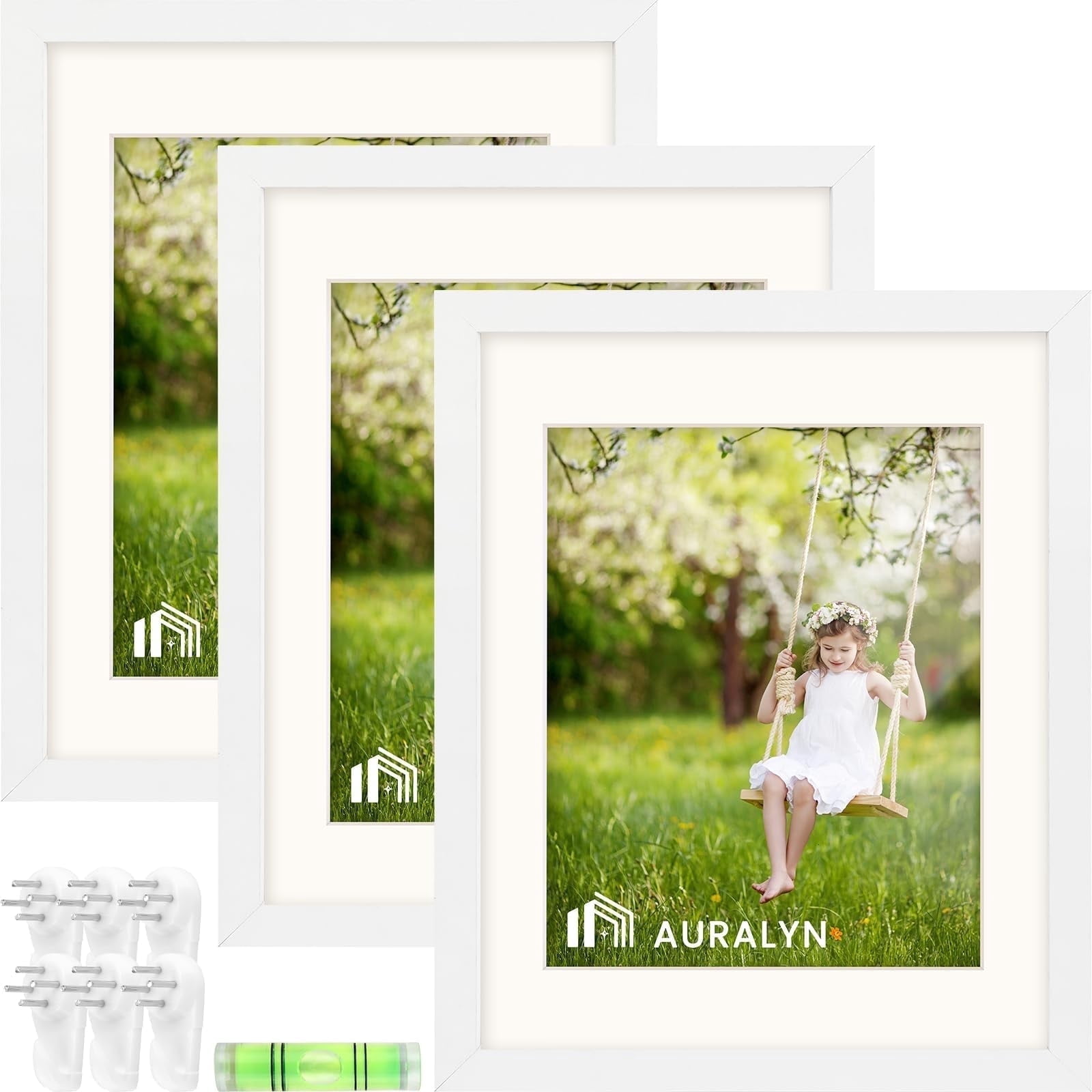 AURALYN 11x14 Picture Frame Set of 3 – Fits 8x10 with Mat or 11x14 Without Mat – Easy to Hang, Finger-Friendly, Includes Hanging Kit (White Wood Grain, 3 Pack)