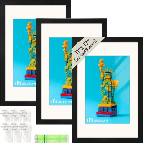 AURALYN 11x17 Picture Frames Set of 3 – Fits 8x12 with Mat or 11x17 Without Mat – Easy to Hang, Finger-Friendly, Includes Hanging Kit (Black Wood Grain, 3 Pack)