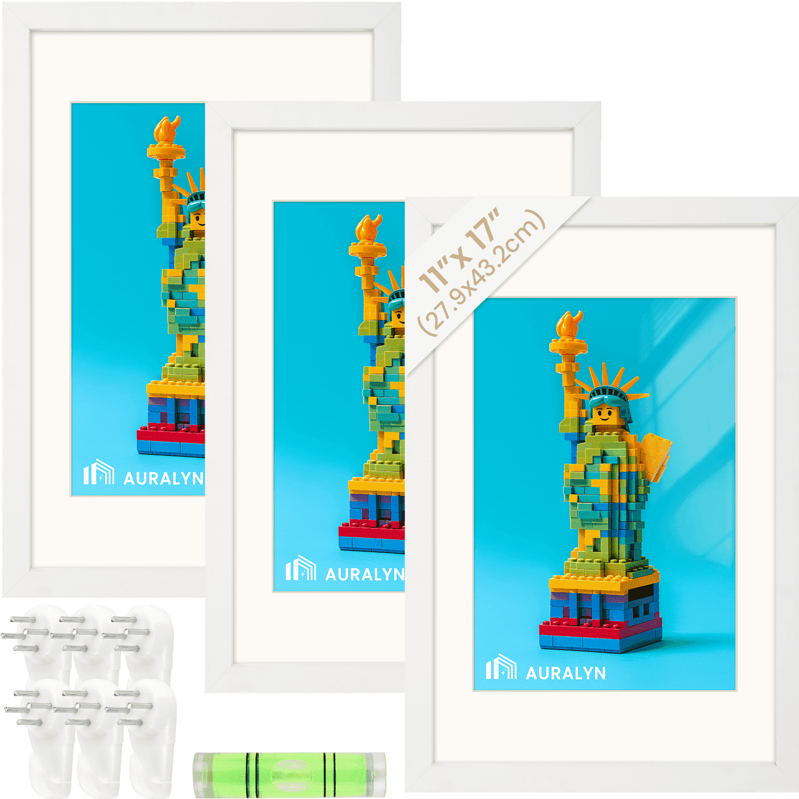 AURALYN 11x17 Picture Frames Set of 3 – Fits 8x12 with Mat or 11x17 Without Mat – Wood Grain, Easy to Hang, Finger-Friendly, Includes Hanging Kit (Wood Frames, 3 Pack)