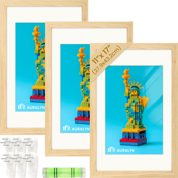 AURALYN 11x17 Picture Frames Set of 3 – Fits 8x12 with Mat or 11x17 Without Mat – Wood Grain, Easy to Hang, Finger-Friendly, Includes Hanging Kit (Wood Frames, 3 Pack)
