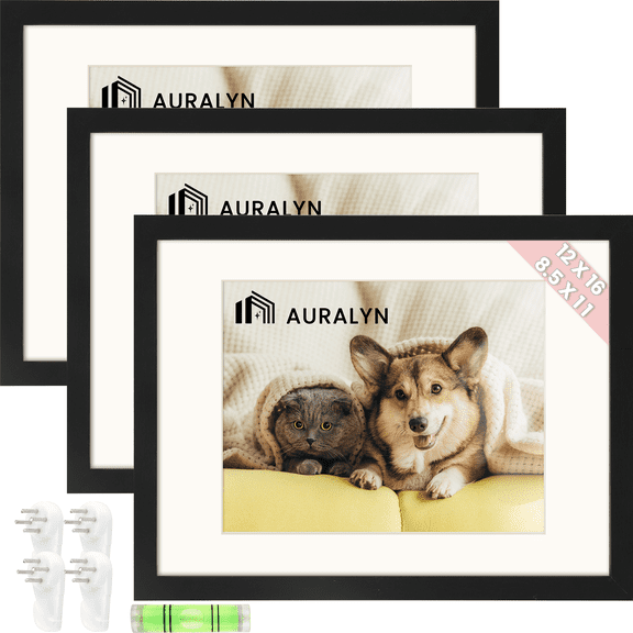 AURALYN 12x16 Picture Frame Set of 3 – Fits 8.5x11 with Mat or 12x16 Without Mat – Finger-Friendly, Easy to Hang, Includes Hanging Kit (Black Wood Grain, 3 Pack)