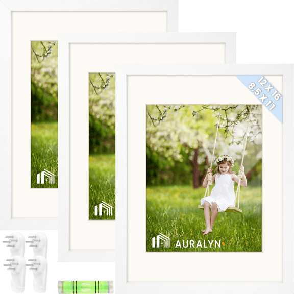 AURALYN 12x16 Picture Frame Set of 3 – Fits 8.5x11 with Mat or 12x16 Without Mat – Finger-Friendly, Easy to Hang, Includes Hanging Kit (White Wood Grain, 3 Pack)