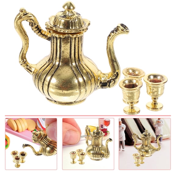 AURARMLET 1 Set of Dollhouse Accessories for Home Decoration with Mini Tea Set in Gold