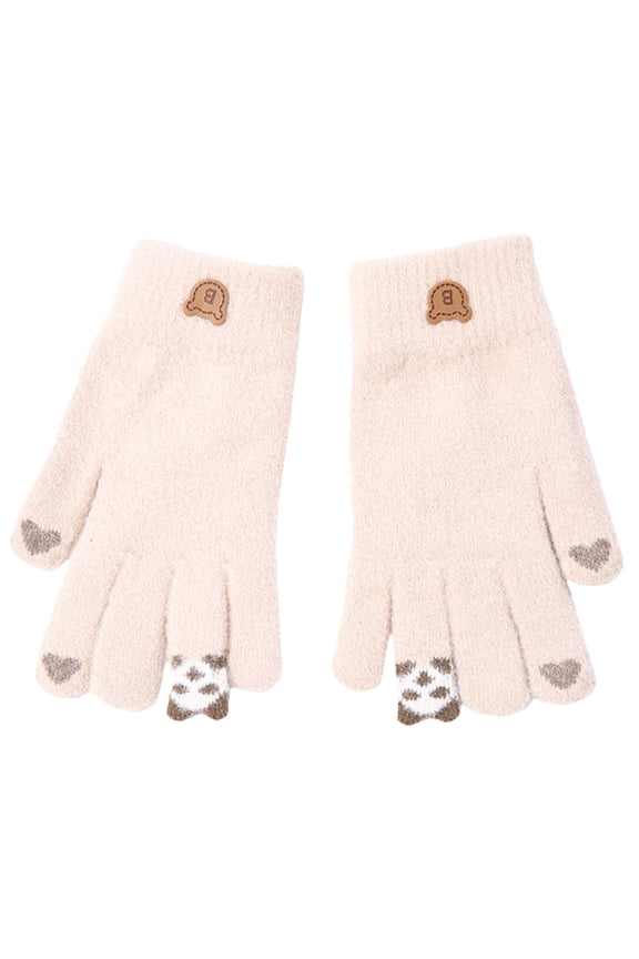 1Pair Beige Warm Hand Gloves with Panda Print Thickened Winter Gloves for Woman