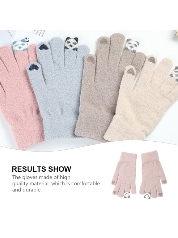 1Pair Khaki Panda Pattern Winter Gloves for Woman Touch Screen Warm Thicken Gloves