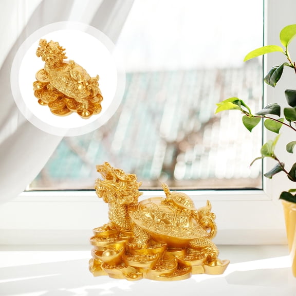 AURARMLET 1Pc Feng Shui Resin Dragons Tortoise Decor with Golden Finish for Study Room Or Entrance