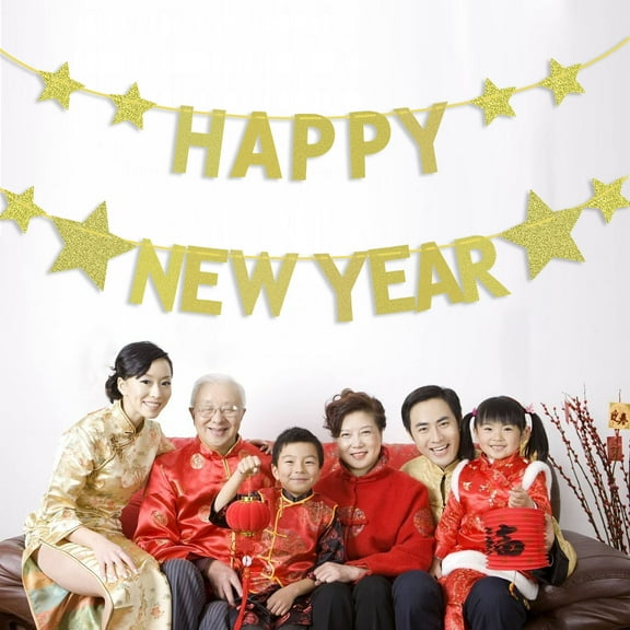 AURARMLET Happy New Year Banner Glitter Gold Bunting Flag for Party Decorations