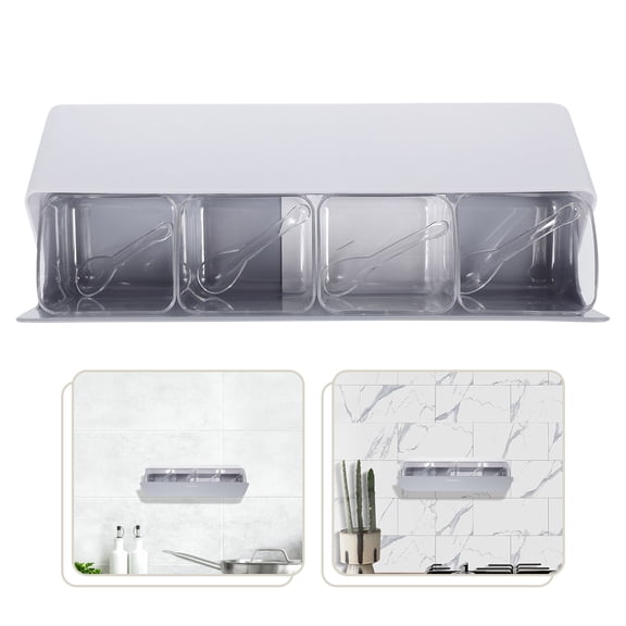 AURARMLET 1Set Grey Wall Mount Seasoning Container with 4 Compartments Reusable Plastic Spice Jar for Kitchen Storage
