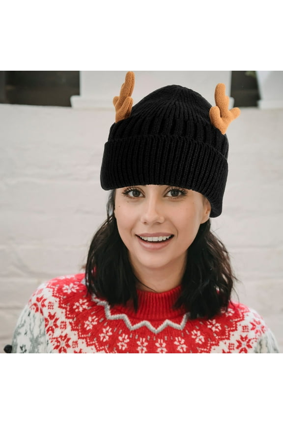 1 Set Black Warm Winter Hat with Antler Design, Polyacrylonitrile Fiber Cover for Family Members