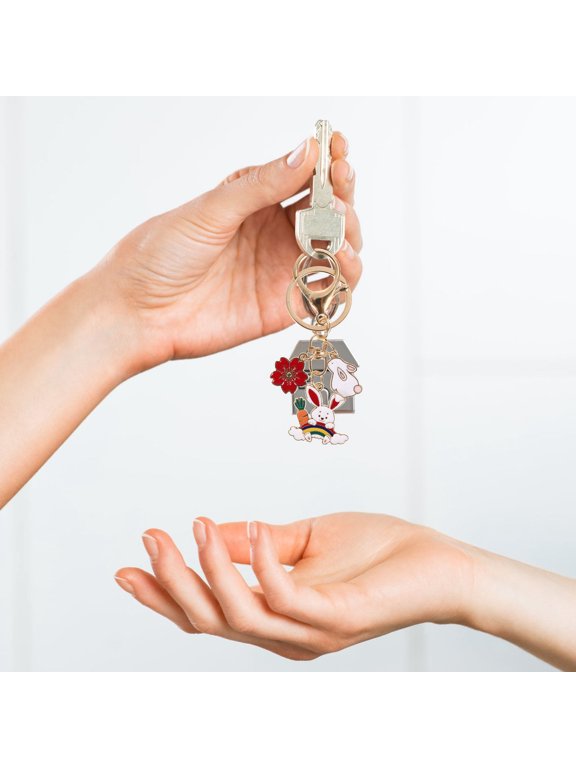 2Pcs Assorted Color Rabbit Flower Keychains Alloy Key Rings with Clasp for Bag Hanging Decoration
