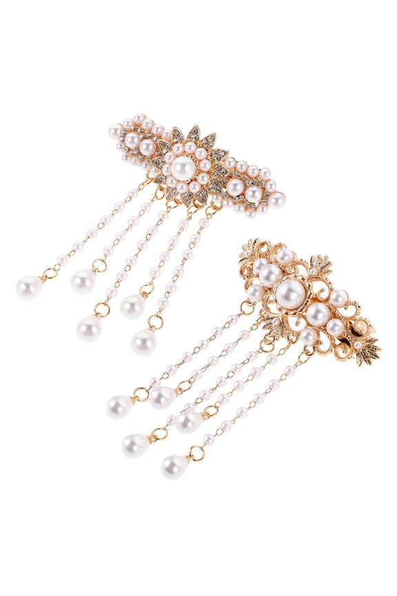 2Pcs Tassel Hair Clips with Rhinestone Flower Spring Clip for Elegant Chinese Style Party and Daily Wear