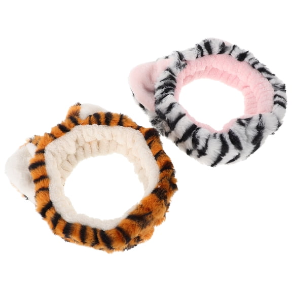 AURARMLET 2Pcs Soft Plush Tiger Print Headband with Elastic Stretch for Makeup Facial Spa Care