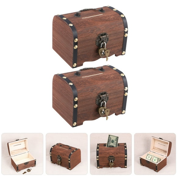AURARMLET 2Pcs Wooden Piggy Banks Rectangular Shape Money Organizer For Cash With Copper Material