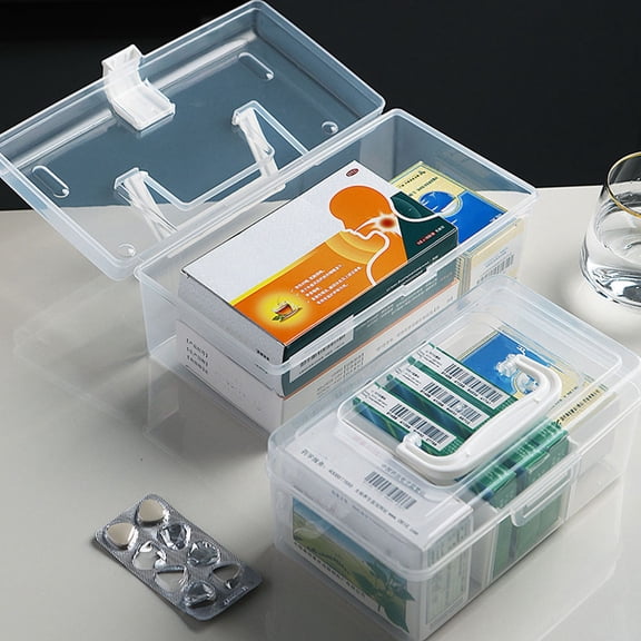 AURARMLET 2Pcs Household Medicine Storage Container Clear Plastic Case with Handle for First Aid