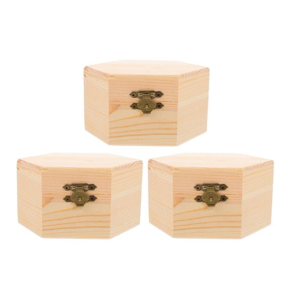 AURARMLET 3Pcs Wooden Keepsake Box with Hexagon Shape and Unfinished Wood Grain for Home Decoration