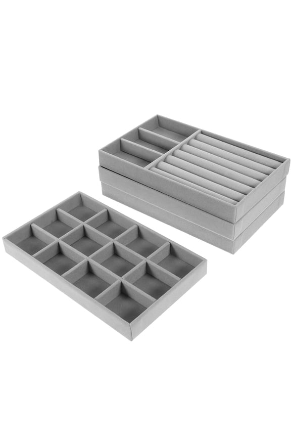 Jewelry Organizer Tray Dark Grey Velvet and Mdf for Home Storage 4Pcs