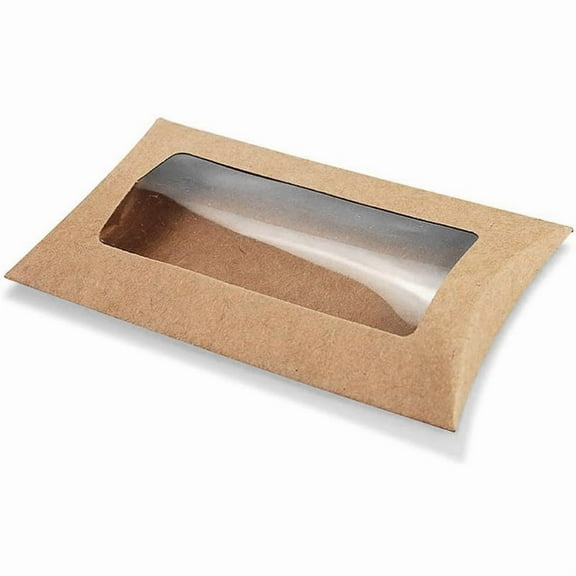AURARMLET 50pcs Light Brown Kraft Paper Pillow Candy Box with Clear Window for Weddings Birthdays Home Use