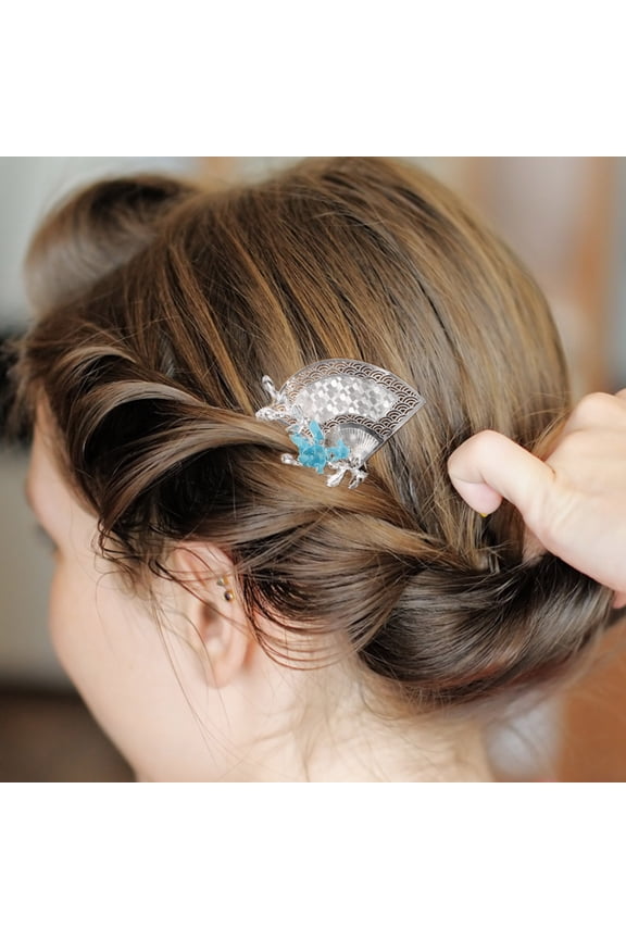 Chinese Plated Silver Metal Hair Chopsticks Vintage Flower Hairpin with Fanshaped Tassel for Weddings and Parties