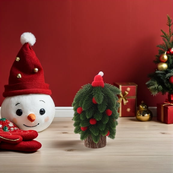 AURARMLET Realistic Green Wooden Tabletop Christmas Tree Decor with Plastic Leaves for Home Office