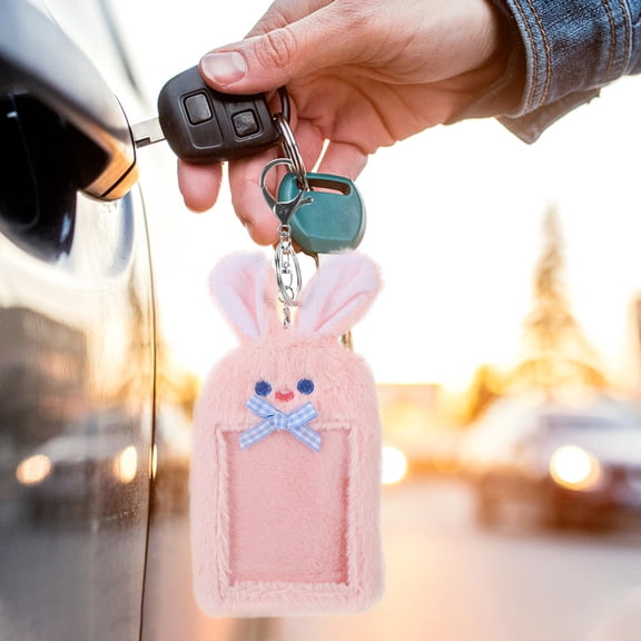 AURARMLET Pink Plush Card Protector Keychain Cute Portable Id Card Holder for School and Office Use