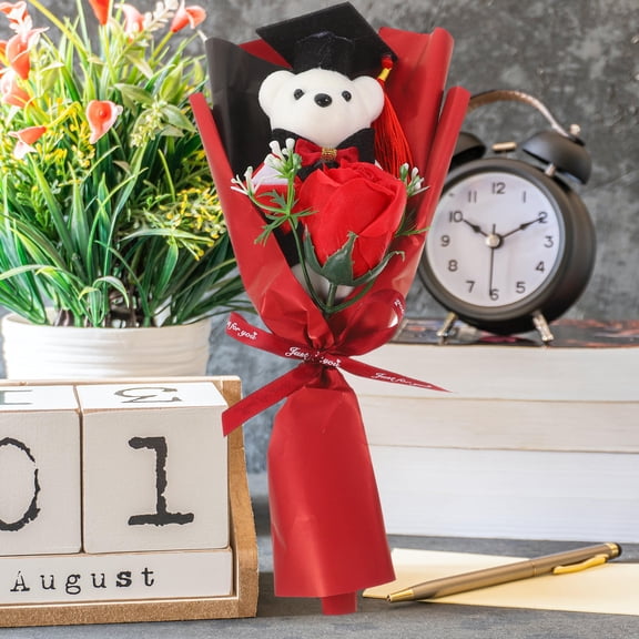 AURARMLET Graduation Bear Flower Bouquet with Red Artificial Flowers for Party Decor