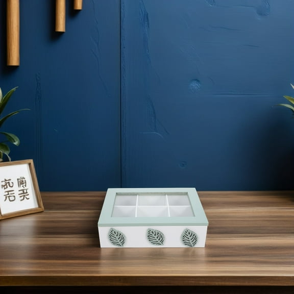 AURARMLET Green Wooden Tea Bag Organizer with Division and Elegant Leaf Pattern