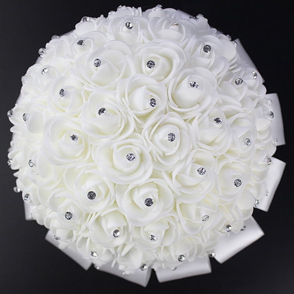 AURARMLET Bridal Bouquet White Rose Flower Wedding Bouquet with Rhinestone Accent for Bride