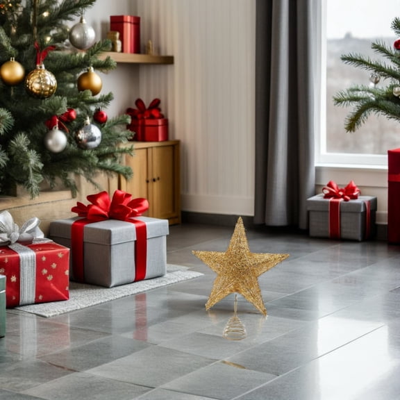 AURARMLET Metal Golden Star Tree Topper with Glitter, Warm Lights for Festive Decor