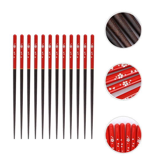 AURARMLET Japanese Style Cherry Blossom Printed Chopsticks Set, Red Synthetic Material, 6 Pairs for Kitchen and Dining Use