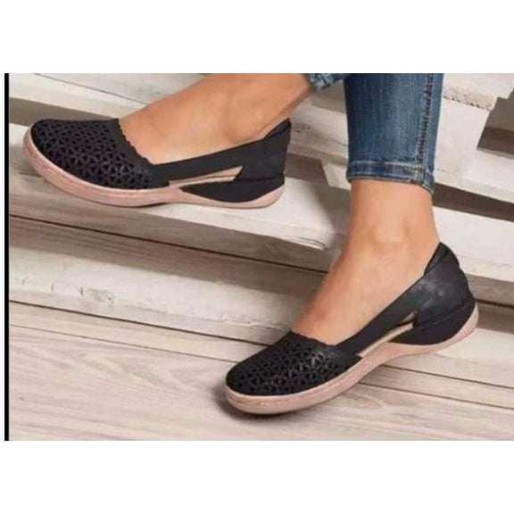AURARMLET Ladies Closed Toe Espadrilles - Stylish Low Wedge Sandals Women Pure Color Hollow Out Shoes for Summer Daily Wear Black Size 37