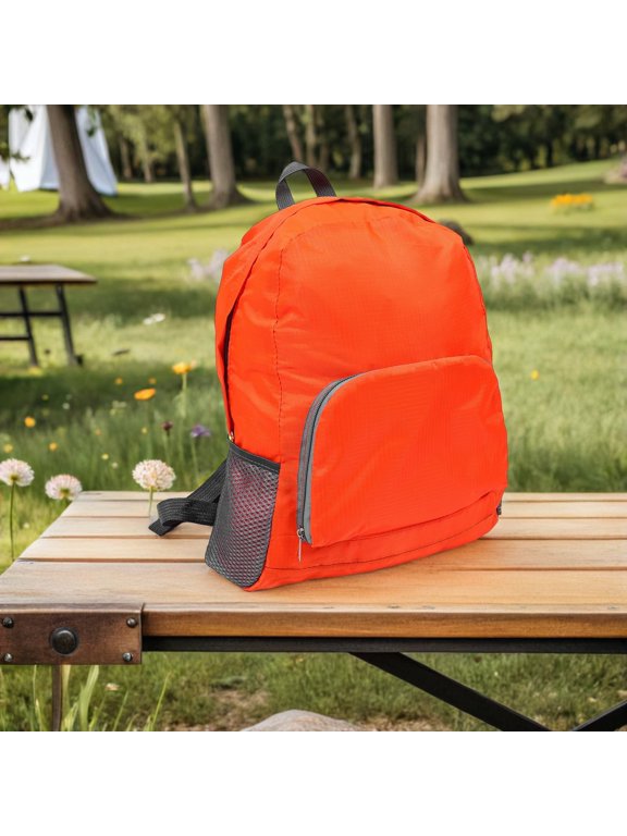 Orange Foldable Backpack, Lightweight Nylon Travel Daypack with Multi-Compartment Storage for Hiking