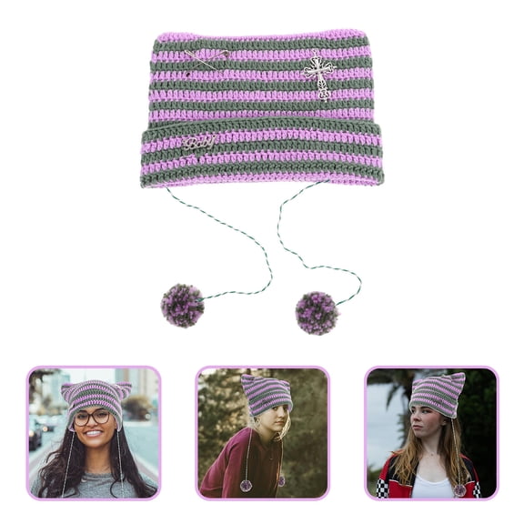 AURARMLET Multi Color Soft Knit Skull Hat with Cat Ears Warm Ear Protection Beanie