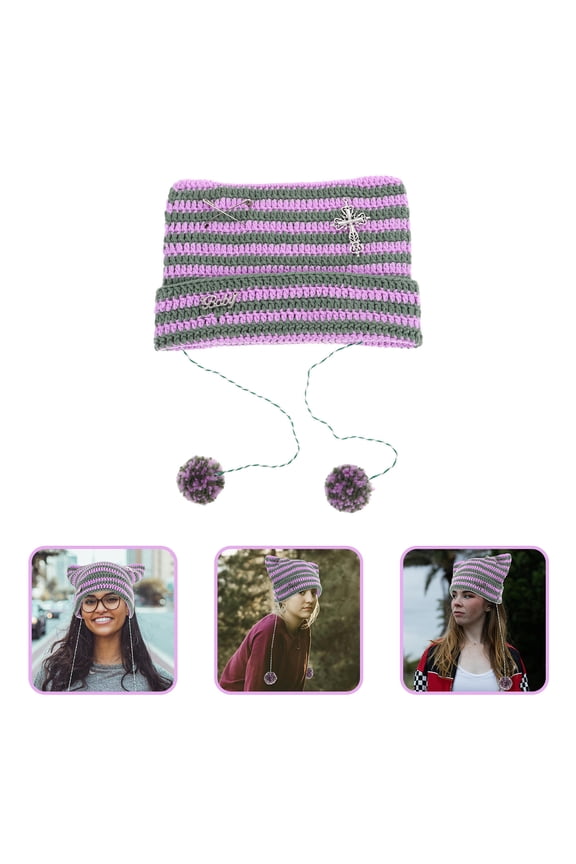 Multi Color Soft Knit Skull Hat with Cat Ears Warm Ear Protection Beanie