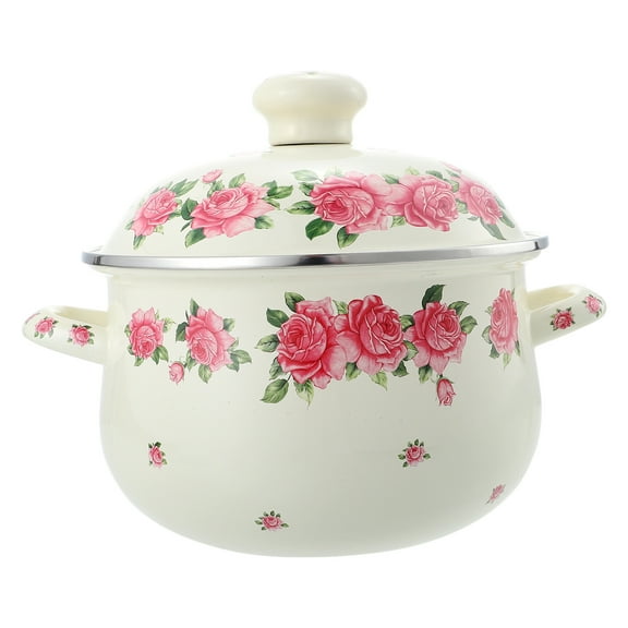 AURARMLET Retro Pattern Enamel Stew Pot with Double Handles for Home Use Pink Heatresistant 5 Quart