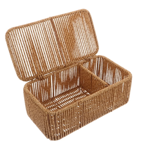 AURARMLET Stackable Brown Rattan Wicker Basket with Lid Rectangular Organizer for Shelf and Desktop