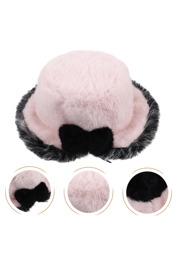 Furry Pink Bucket Hat 1 Pcs for Girls with Bowknot Decoration Outdoor
