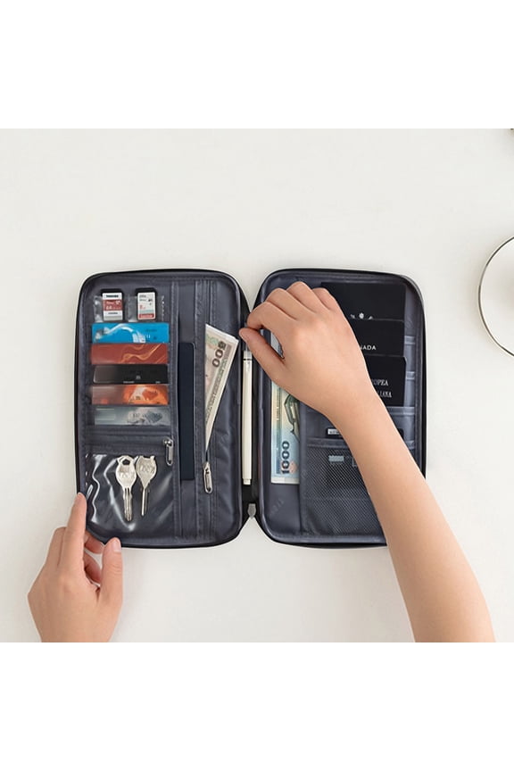 Black Travel Passport Holder Document Organizer Bag Portable Multi Pocket Case