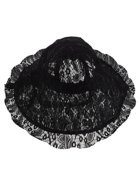 Black Lace Fisherman Hat with Wide Brim and Adjustable Tie for Outdoor Sun Protection