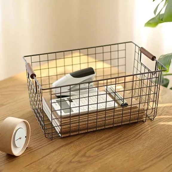 AURARMLET Wrought Iron Desktop Storage Basket Black with Handles for Books Snacks and Home Use