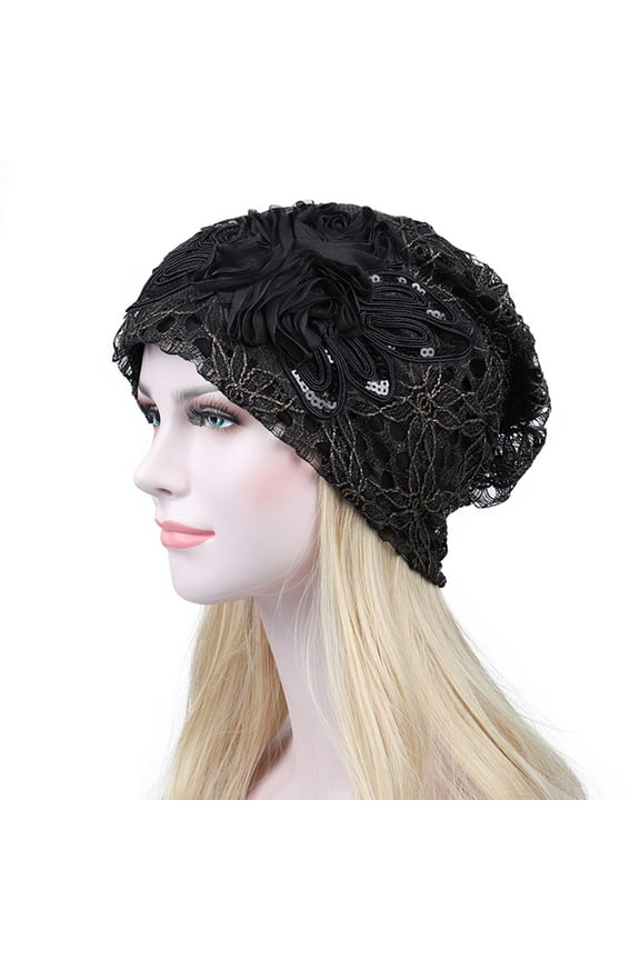 women's floral lace headband cap Black Double-deck Baggy Warmth 1Pcs
