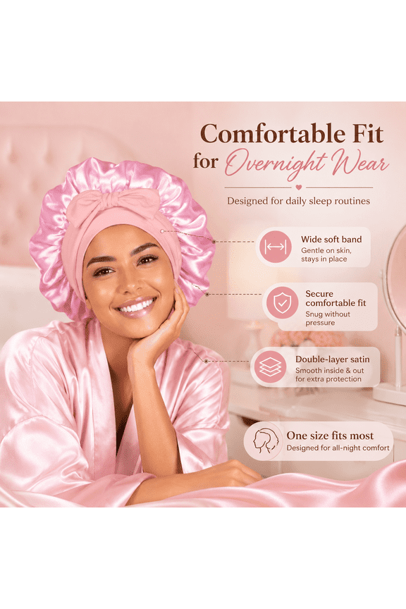 Double Layer Satin Sleep Bonnet for Women, Soft Adjustable Band with Bow, Overnight Hair Protection for Curly, Wavy, Straight & Textured Hair, Pink