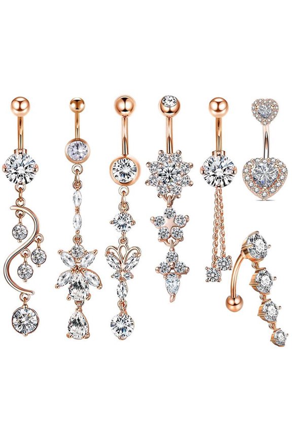 14G Belly Button Ring,Long Navel Rings Belly Button Piercing,7Pcs,Rose Gold