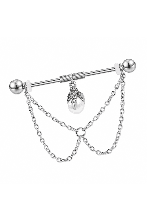 14G Pearl Industrial Barbell Jewelry Chain Dangle Cartilage Conch Piercing Dragon Claw Earrings Piercing